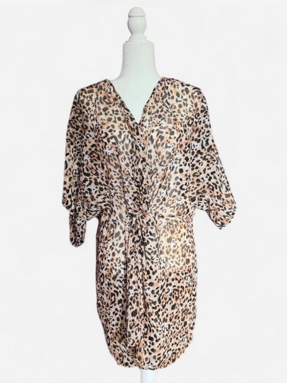 Time and Tru Leopard Print V-Neck Tie-Waist Mini Dress - Beige and Black
